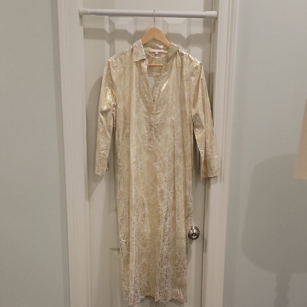 Jude Connally Beautiful Gold And White Dress/ Kaftan With Pockets Never Worn